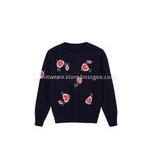 Girl's Knitted Floral Embroidery Crew-Neck Pullover